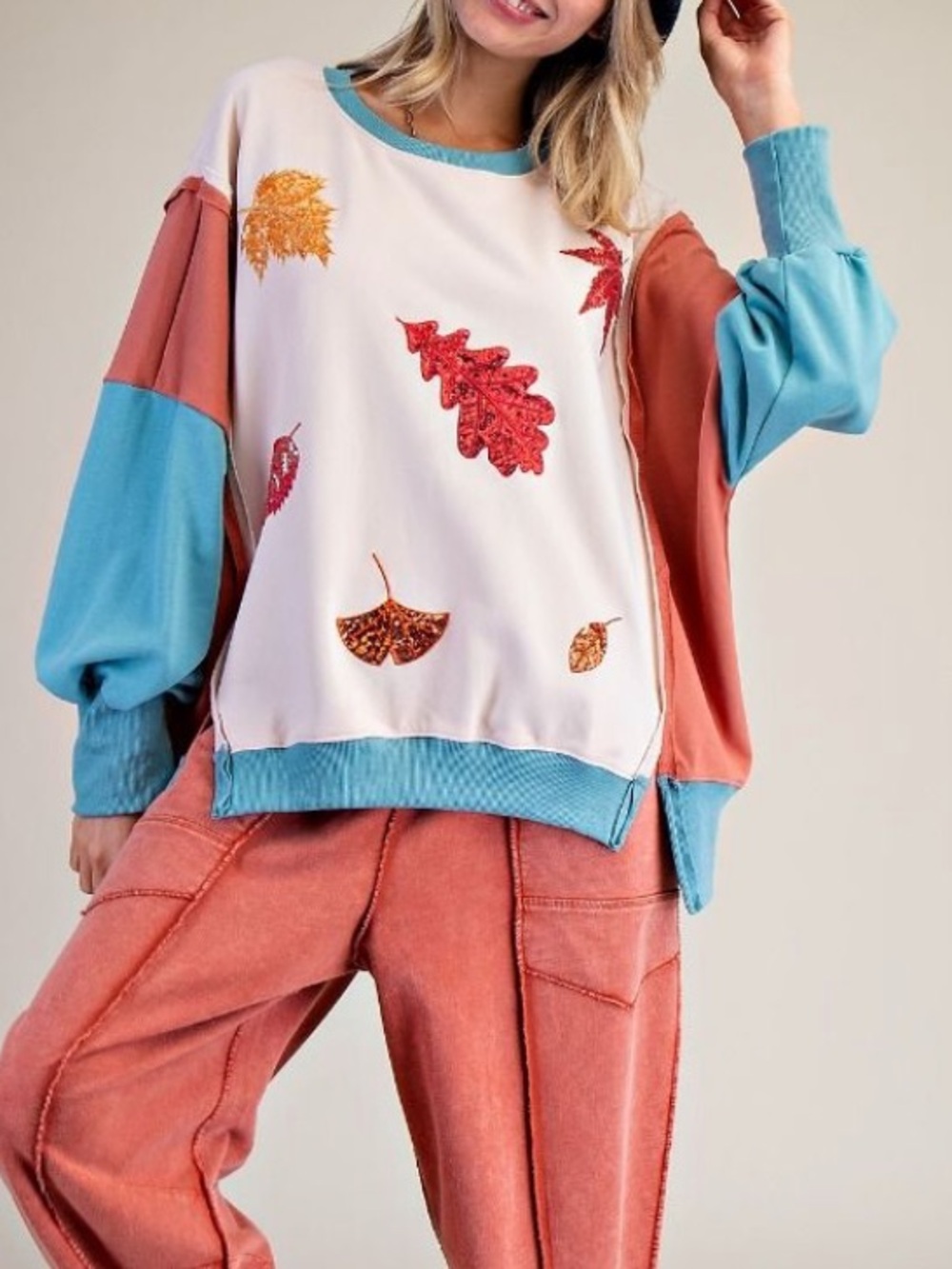 Easel Fall Sequin Leaves Colorblock Sweatshirt Boho Comfy Athleisure